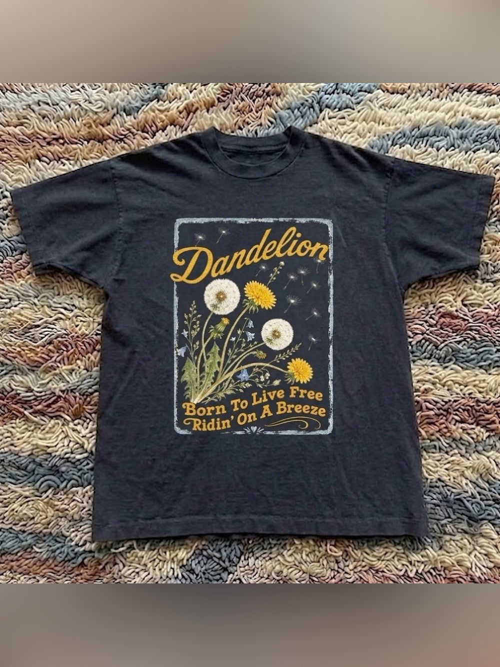 Vintage Black Tee with Yellow & White Dandelion Print